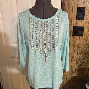 Rockin C Embroidered with studs 3/4 Sleeve Relaxed Blouse
